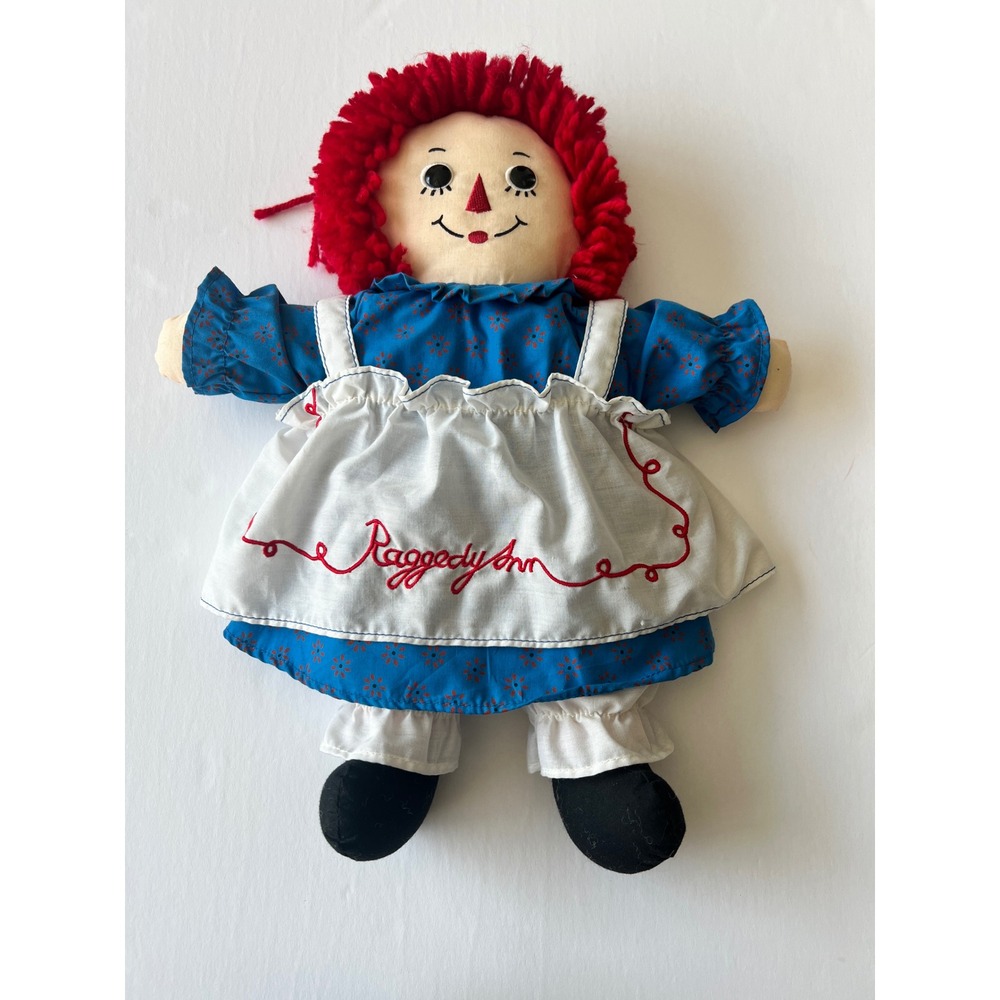 Raggedy Ann Plush Doll 16 inch Vintage Style Red Yarn Hair Blue Floral Dress